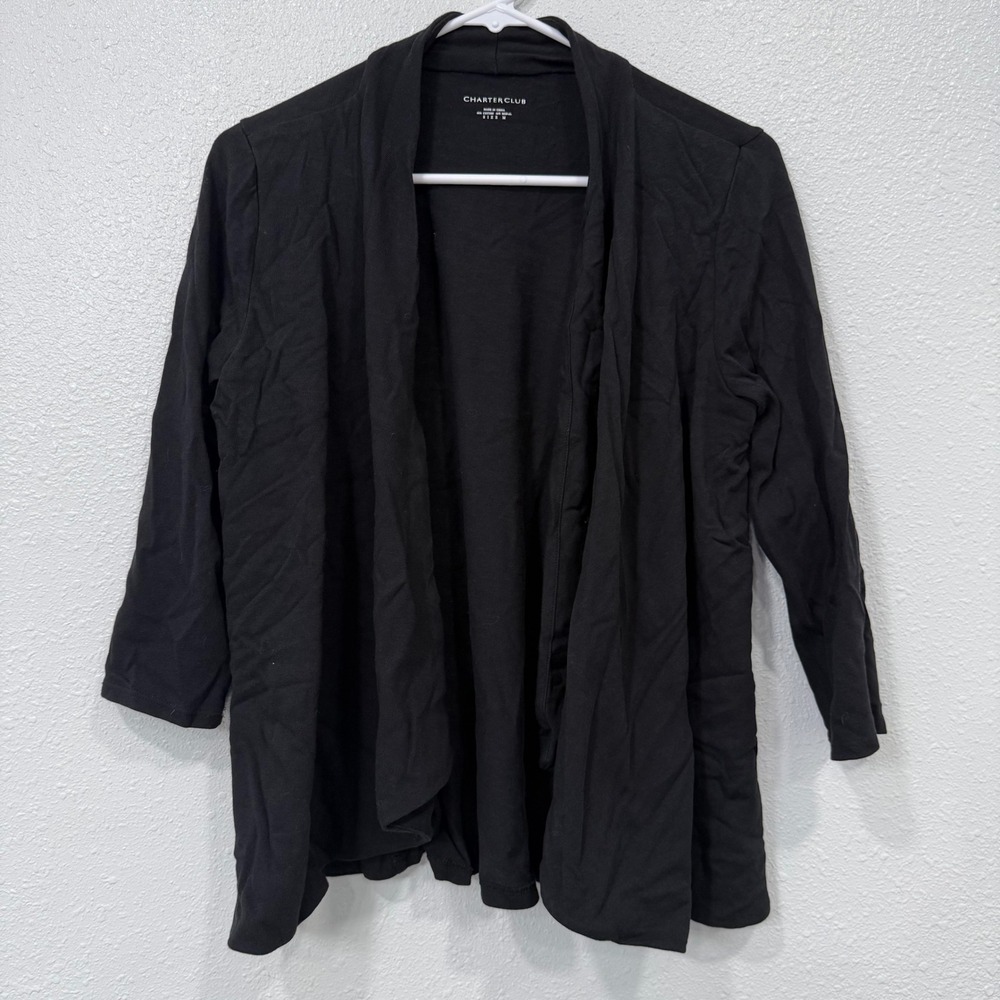 Charter Club Women Black Cardigan Sweater Knit Draped Open Front‎ 3/4 Sleeve M